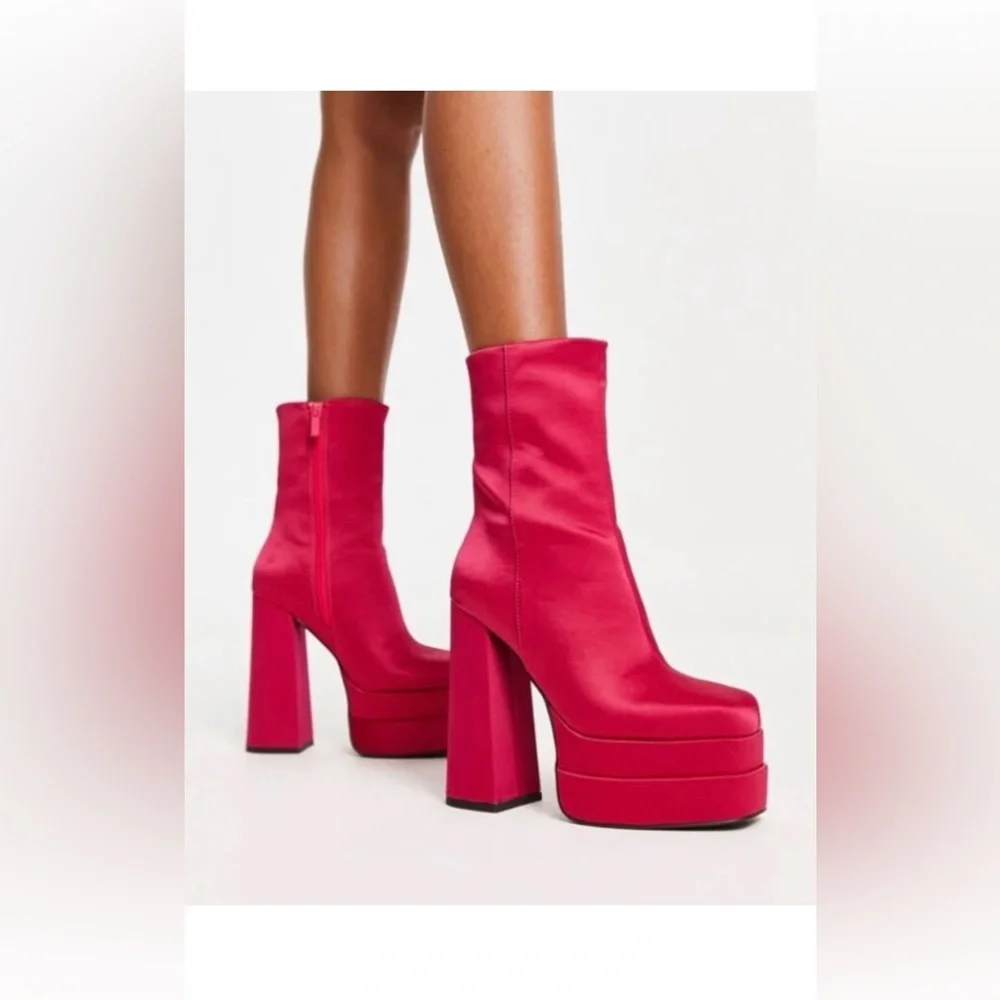 ASOS Fuchsia Satin Square Toe Hi Block Heel Platform Boots Sz 9 NWT
